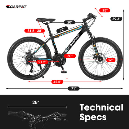 S26102 26 Inch Mountain Bike, Shimano 21 Speeds With Mechanical Disc Brakes, High-Carbon Steel Frame, Suspension Bikes Mountain Bicycle For Teenagers