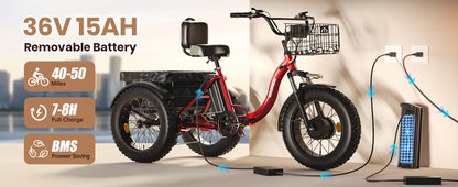 QRONGE Electric Bike for Adults 960W Peak 36V 13.5AH Battery Folding Electric Tricycle 50 Miles