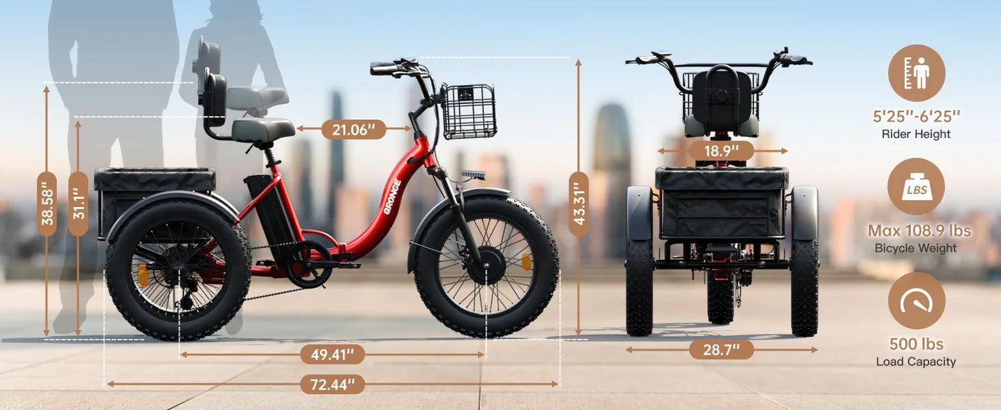 QRONGE Electric Bike for Adults 960W Peak 36V 13.5AH Battery Folding Electric Tricycle 50 Miles