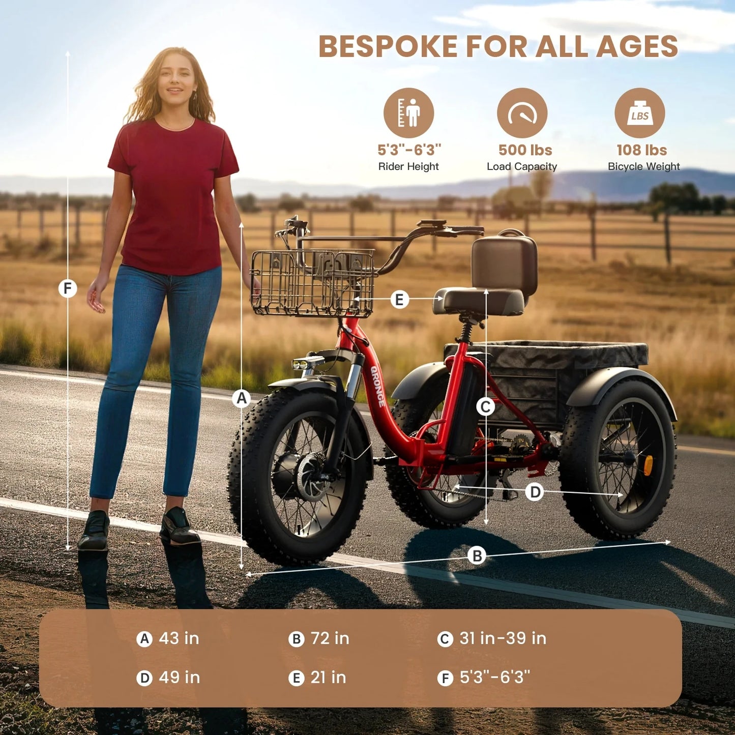 QRONGE Electric Bike for Adults 960W Peak 36V 13.5AH Battery Folding Electric Tricycle 50 Miles