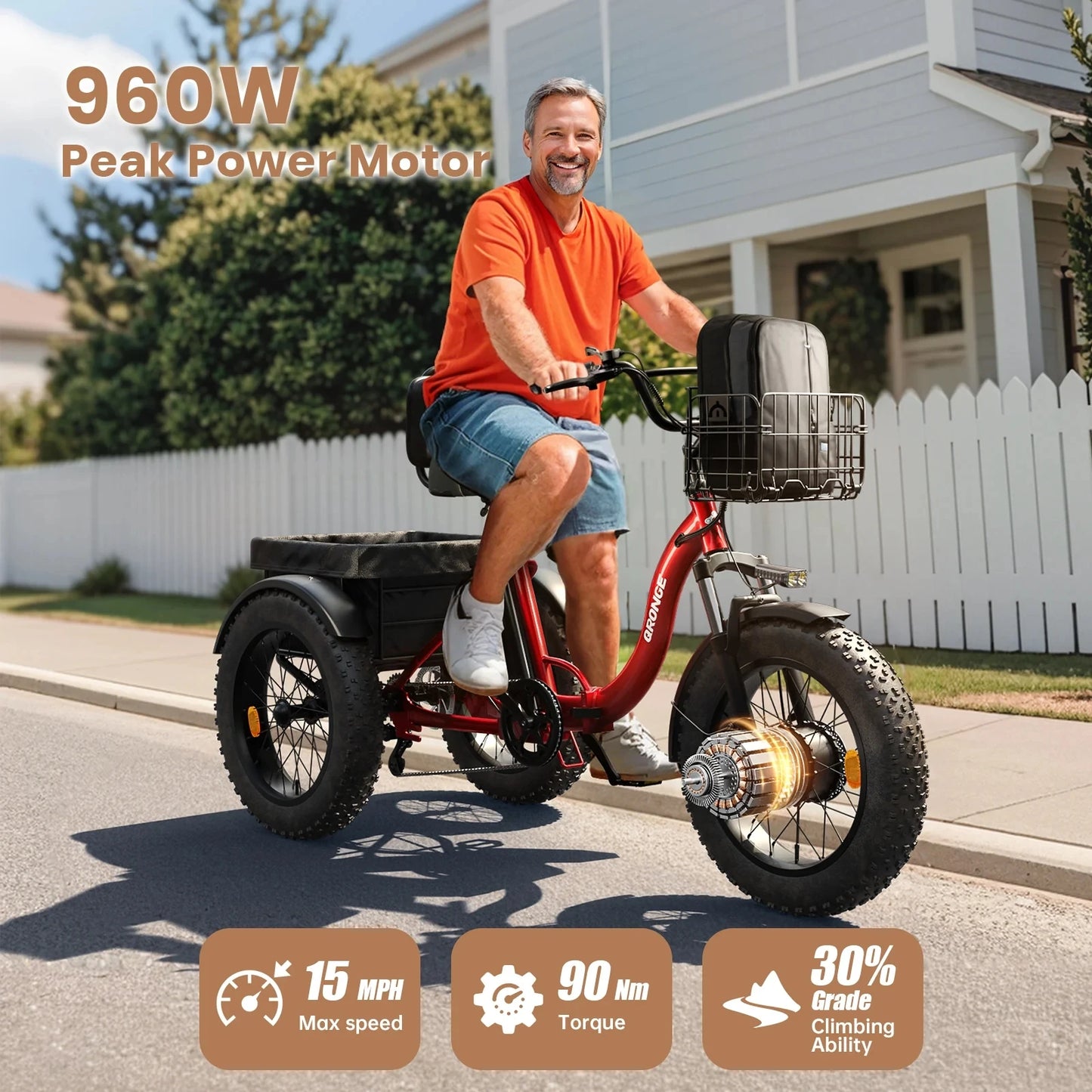QRONGE Electric Bike for Adults 960W Peak 36V 13.5AH Battery Folding Electric Tricycle 50 Miles