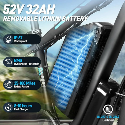 1600W 52V Dual Motor Ebike 40-47MPH 24 Inch Electric Bike for Adults 32AH Battery 100 Miles Range