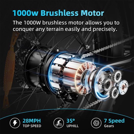 AMYET  Electric Bike with 1000W Motor Integrated Lithium Battery Aluminum Alloy Frame for Men Women