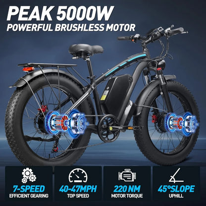 1600W 52V Dual Motor Ebike 40-47MPH 24 Inch Electric Bike for Adults 32AH Battery 100 Miles Range