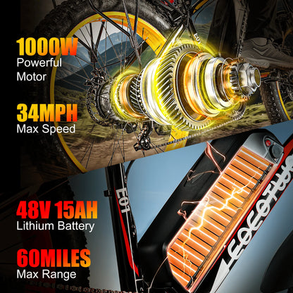 Electric Bike,26"x4.0" Fat Tire Ebike for Adults,1500W Peak Motor,Electric Mountain Bike,34 mph,E Bike with LCD Display,7 Speed