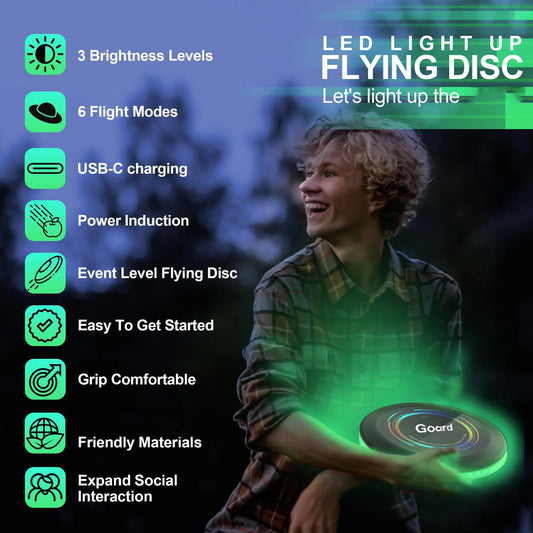 Disque Volant 16 Millions de Couleurs RVB, Lumineux, Modes Intelligents, Auto on/Off, Rechargeable, Anniversaire, Cadeau de Noël pour Hommes/Garçons/Adolescents/Enfants, Frisbee 175g