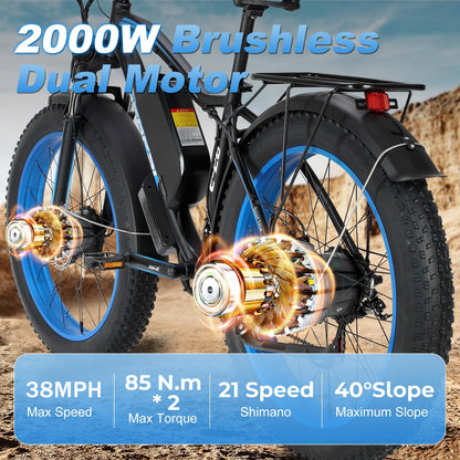 【1 Year Warranty】BAOLUJIE 2602 Electric Bike for Adults 3000W Dual-Motor Electric Bicycle  Hydraulic Brake 26"*4 Fat Tire E-bike