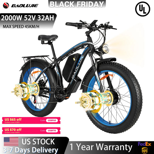 【1 Year Warranty】BAOLUJIE 2602 Electric Bike for Adults 3000W Dual-Motor Electric Bicycle  Hydraulic Brake 26"*4 Fat Tire E-bike