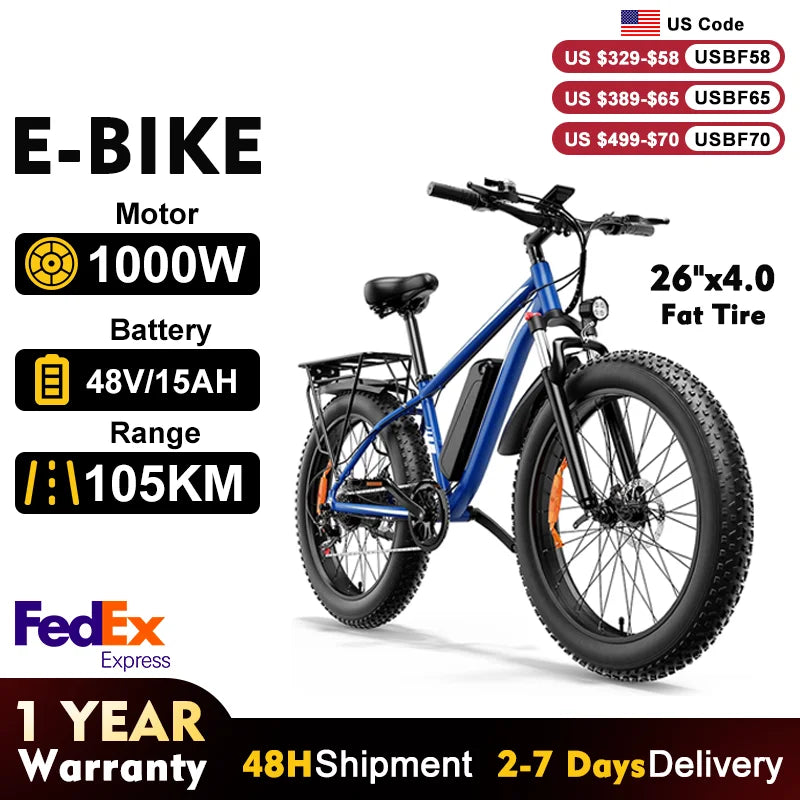 US Stock Fast Shipping E-Bike 1000W Motor 48V15AH Lithium Battery Off road TireE-bike for Men